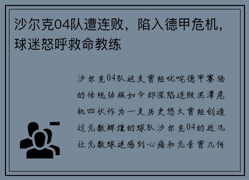 沙尔克04队遭连败，陷入德甲危机，球迷怒呼救命教练